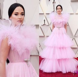Puffy Pink Tulle Prom Dresses Floor Length 2022 A-Line Tiered Skirt Ruffle High Neck Red Carpet Gowns Formal Celebrity Evening Gowns