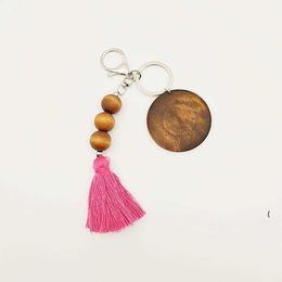 Wooden beaded key ring Party Favor trade wood bead keychains can print round and cotton tassel pendant keychain DAP258