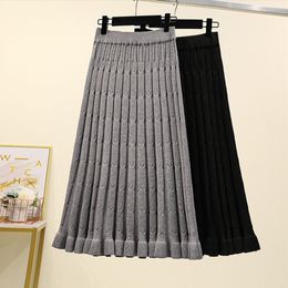 4Xl Good Quality Plus Big Size Vintage Women 2021 Spring Autumn Winter Knitted Black Grey Pure Colour Long Skirts Female A5439 210309