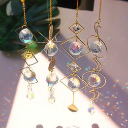 Crystal Geometric Wind Chime Star Moon Pendant Sun Suncatcher Plated Colourful Beads Hanging Drop For Outdoor Indoor Garden Q0811