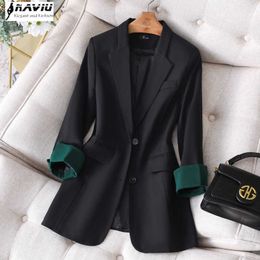 Naviu Fashion Elegant Women Formal Blazer Black and Beige Color Long Sleeve Jacket Office Wear Ladies Coat 210604