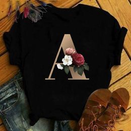 WOMEN T SHIRTS TOPS Custom Name Letter Combination Women's T-shirt Tshirt Flower Letter Font A B C D E F G BLACK TEES T-shirt X0628
