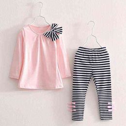 Girls Clothing Sets New Fashion Style Long Sleeve Striped Bow Design T-shirt+Striped Pants For Girls Clothes G220217