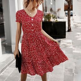 Summer Elegant Boho Floral Print Midi Dress Women V Neck Button Fashion Beach Ruffles Dresses Women Sundresses vestidos 210316