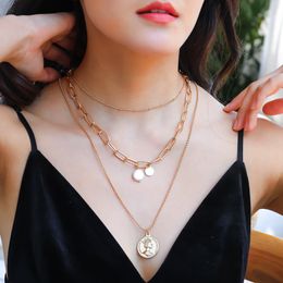 Fashion Women 's Jewelry Pendant Necklace All-match Double Layered Necklace with Coin Pearls Muti Styles Gold Color