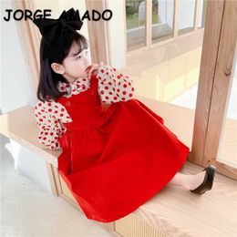Wholesale Korean Style Spring Girls 2-pcs Sets Puff Dot Shirts+sling Princess Dresses Girl Clothes E2028 210610