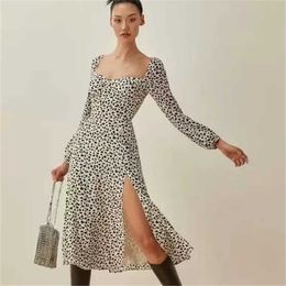 French Square Collar Slim Long Pleated Split Leopard Print Summer Dresses Women 210615