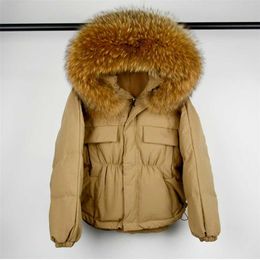 Janveny Winter Down Jacket Women Waterproof Large Natural Raccoon Fur Hooded Short Puffer White Duck Coat Female Parkas 211008