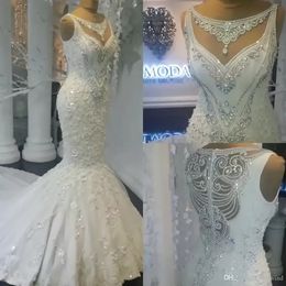 Luxury Rhinestones Crystals Wedding Dresses 3D Flowers Lace Appliqued Mermaid Wedding Bridal Gowns Custom Made Long Train Country Weddings BC0391
