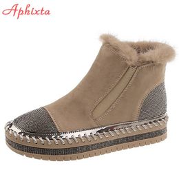 Aphixta Real Hair Warm Winter Crystals Shoes Woman Elastic Band Couple Chunky Sole Platform Big Size 44 Waterproof Ankle Boots 211104