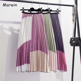 Marwin New-Coming Summer Contrast Colour Splice Pleated Skirt Women Skirts High Street Style A-line Mid-Calf Fashion Skirts 210309