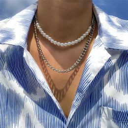 2Pcs/Set Imitation Pearl Chain Necklace for Men Hiphop Cuban Curb Choker Necklace Collier Femme 2022 Steampunk Jewelry