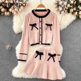 Korejepo French Fashion Suits Women Autumn and Winter Ageing Knitted Soft Sweater Set Sweet Bow Skirt Two-piece Set 211119