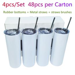 Local Warehouse 20oz Straight Sublimation Tumblers Metal and rubber bottoms 4 pcs/pack Stainless Steel Glossy blank white Double wall Vacuum Insulated water cup