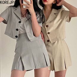 Korejpaa Women Sets Summer Korean Chic Temperament Lapel Three Button Short Sleeve Suit High Waist Bag Hip A-Line Skirt 210526