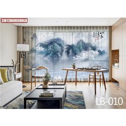 Modern Chinese Ink Landscape Painting Tulle Curtain for Living Room Study High-end Bedroom Famous el Tulle Curtain 211203