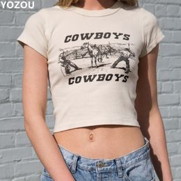 YOZOU Women Summer O-Neck Vintage 90s Cowboy Pattern Printting Short Sleeve Crop Top Tee T-Shirt For Female YL-286 210302