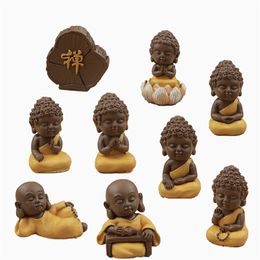 9pc Buddhist Monk Statue Mini Figurine Ornament Craft Bonsai Decor Miniature Dollhouse Cake Decoration DIY Accessories 210727
