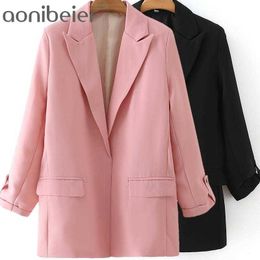 Pink Summer Fashion Roll-Up Cuff Wrist Sleeve Open Front Women Casual Blazers Office Lady Suit Jacket Female Tops 210604