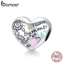 bamoer Summer Holiday Series Heart Metal Beads 925 Sterling Silver Engrave Heart-shape Charm for Bracelet & Bangle SCC1529 Q0531