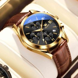 OLEVS кожаный многофункциональный хронограф мужские водонепроницаемые кварцевые часы роскошь 18k золотые спортивные часы религиозная мужественность
