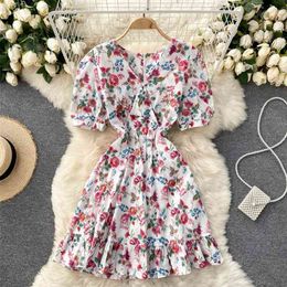 Lady Fashion Elegant Printed Mini A-line Dress Women's Summer V Neck Short Sleeve Slim Korean Vestidos S568 210527