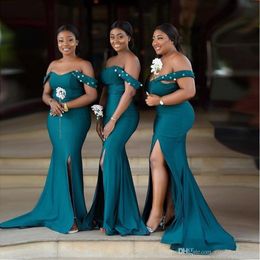 2021 African Teal Hunter Off Shoulder Mermaid Bridesmaid Dresses Sweep Train Garden Country Side Split Wedding Guest Gowns Maid of Honor Dress Plus Size Floor Length