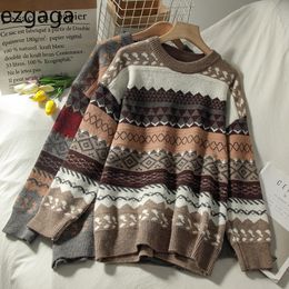 Ezgaga Argyle Sweater Women O-Neck Loose Graphic Tops Autumn New Long Sleeve Pullover Knitting Sweaters Vintage Streetwear 210218