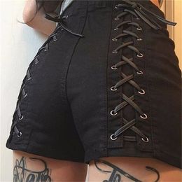 Summer Women Solid Shorts Criss Cross Bandage High Waist Lace up Punk Black Short Pants pants 210714