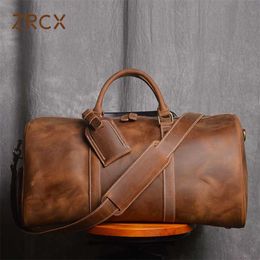 ZRCX Vintage Men's Hand Luggage Bag Travel Geunine Leather Large Capacity Single Shoulder Messenger For 15 Inch Laptop 211118