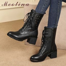 Meotina Winter Motorcycle Boots Women Natural Genuine Leather Thick High Heel Ankle Boots Punk Zipper Shoes Ladies Autumn 35-41 210608