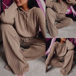 Women Knitted Sweater Suits Two Pieces Sets Autumn Tie Collar Long Sleeve Loose Knit Tops And High Waist Wide Leg Pant Suits Y0625