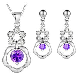 Wedding Bridal Jewellery Sets 925 Sterling Silver Crystal Flower Necklace Earrings Ring Set Purple Crystal Necklaces & Earrings