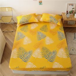 Fashion Yellow tropical leaves Bed Fitted Sheet Sabanas Mattress Cover with Elastic Microfiber 90*200*30 150*200*30cm 220217