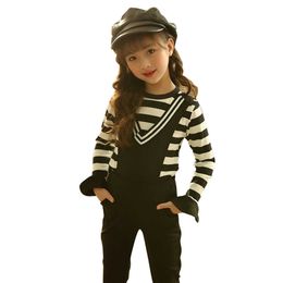 Clothes For Girls Striped Costume Tshirt + Jumpsuit Kids Spring Autumn Tracksuits Children 210528