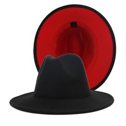 2021 women Black Red Patchwork Wool Felt Jazz Fedora Hats Belt Buckle Decor Women Unisex Wide Brim Panama Party Trilby men Cap