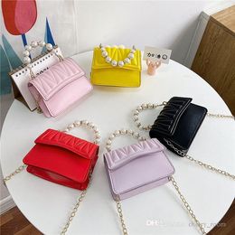 baby girls chain mini pearl handbag cute kids pearl ruffle one shoulder crossbody bags children fashion casual messenger bag woman mini wallet F515