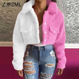 Yellow Blue Colour Block Spliced Crop Jacket Casual Turn Down Collar Long Sleeve Coat Fall Winter Button Pocket Outwears 211014