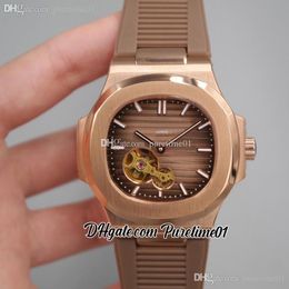 2022 5711 Tourbillon Automatic Mens Watch Rose Gold Brown Textured Dial Stick Markers Rubber Strap 8 Styles Watches Puretime01 E20SRB-B2