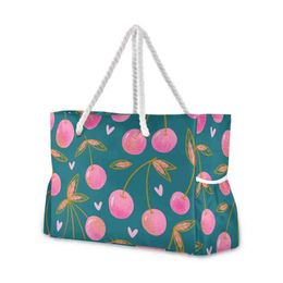 s Sweet Red Rip Cherry Berries On Green Ladies Shoulder Foldable Shopping Fashion Nylon Beach Bag Handbag 220310