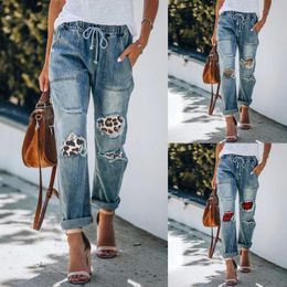 Women's Jeans Summer Casual Blue Pattern Printed Loose Ankle-length Wide Leg Straight Pants Holes Tight Waist Denim Women