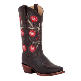 Boots 2021 Winter Women's Big Size Red Rose Knight Women Low-heel Embroidered Western Fashion Ladies Middle Tube