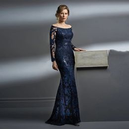 New Elegant Royal Blue Lace Mother of the Bride Dresses Mermaid Off Shoulder Long Sleeves Wedding Guest Gowns Appliqued CXX