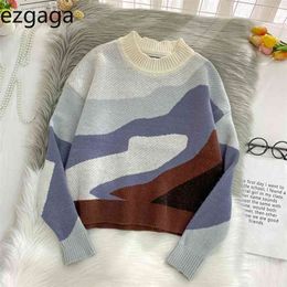 Ezgaga Women Sweaters Autumn Winter Japanese Style Vintage Contrast Panelled Short Loose Knitted Pullover Tops Outwear Casual 210806