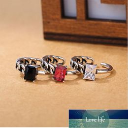 925 Sterling Silver Irregular Twisted Rope Chain Thai Silver Ring With Black Crystal Zircon Open Ring Jewellery