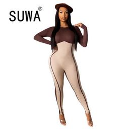 Autumn Winter Sexy Line Stitching Jumpsuit Women's Fashion Personality Zipper Long-sleeved Trousers All-match Rompers 210525