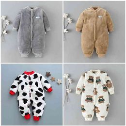 Autumn & Winter Baby Warm Clothes Boy Girl Pure Colour Romper Infant Flannel Soft Fleece Jumpsuit Toddler Overall 210816