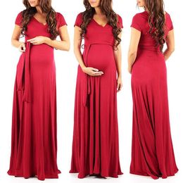 Telotuny Women's Maternity Dress V Collar Short Sleeve Dress Maternity Solid Colour Sundress Pregnant Woman Evening Dress #40 Q0713