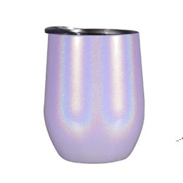 NEW10 Colours 12oz Glitter Wine Tumbler with Lids Straws Stainless Steel Rainbow Egg Shaped Mugs Double Layer Vacuum Mug SEA SHIPPING ZZF9647