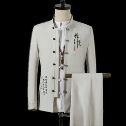 4XL Single Breasted Chinese Type Long Sleeve Tunic Jacket + Pants Wedding Suit For Men 2021 Streetwear 2pcs Office Wear XXXXL X0909